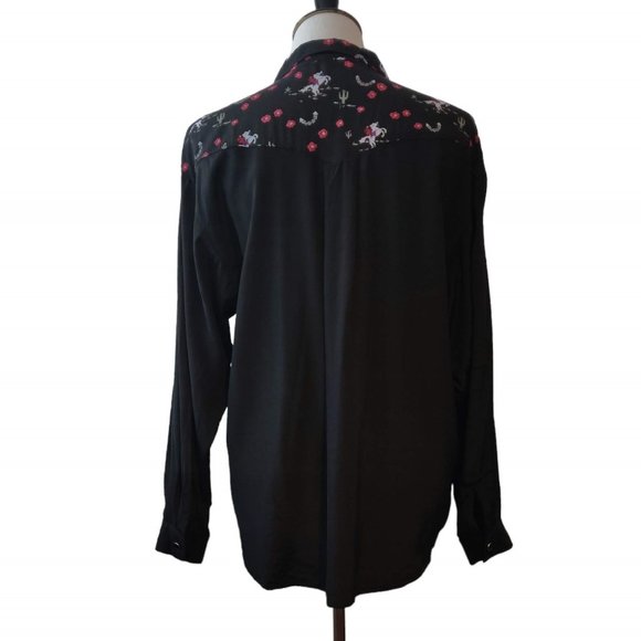 Desert West Womens Black Western Rodeo Horse Cacti Floral L/S Button Up Top S - Picture 3 of 11